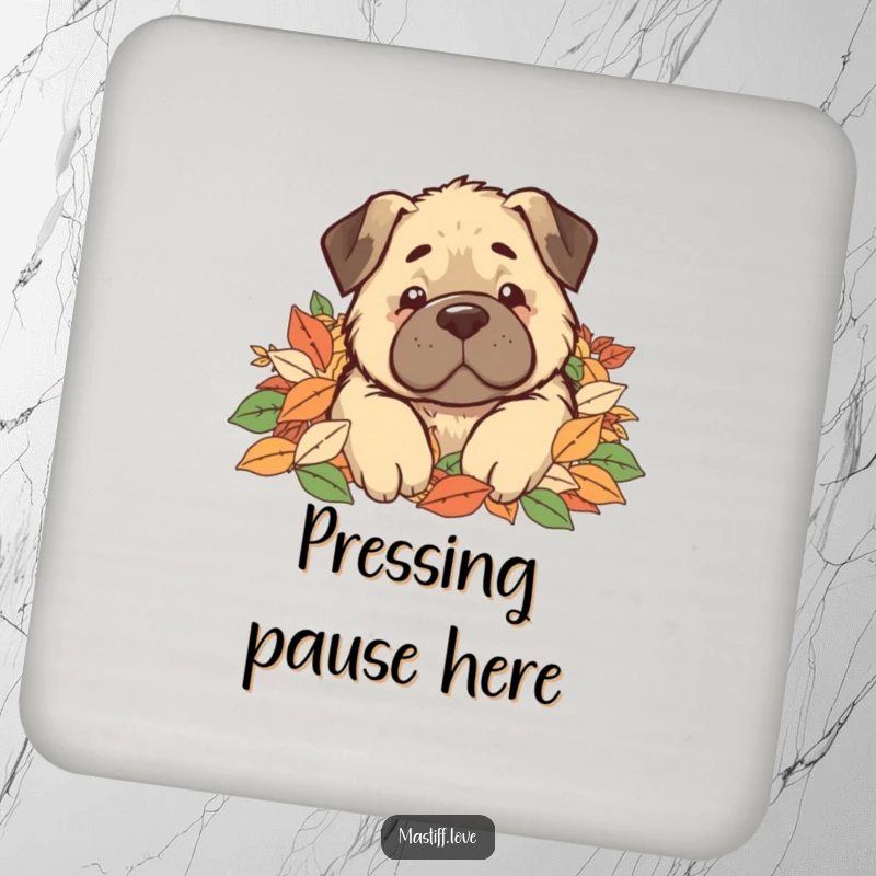 Funny Drink Coasters show a kawaii mastiff dog peeking out from a pile of autumn leaves, adding a humorous touch.