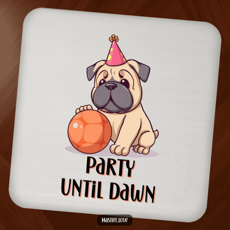 Funny drink coaster showing a kawaii Mastiff wearing a tiny party hat, playing with a large ball.