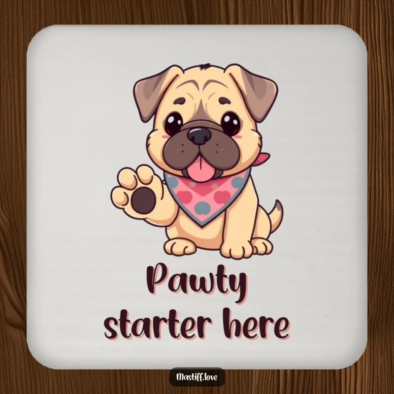 Funny kawaii mastiff coaster, a cute dog with a bandana offering its paw, adding a friendly touch to surfaces.