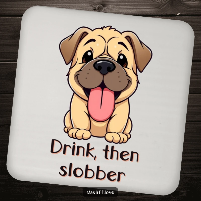 Funny drink coaster showing a kawaii Mastiff puppy panting with its oversized tongue lolling out happily.