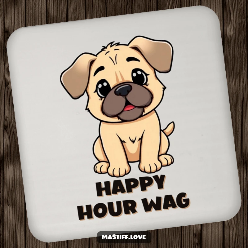 Funny kawaii mastiff coaster, a cute dog with floppy ears wagging its tail, protecting surfaces with cheer.