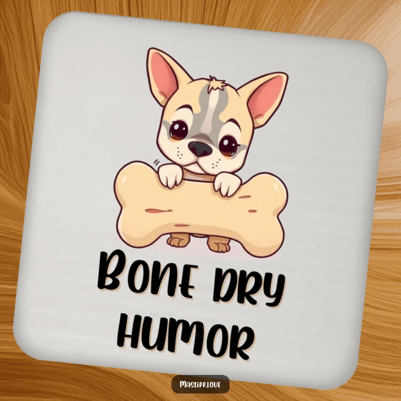 Funny drink coaster with a small mastiff peeking from behind a giant bone, offering humorous protection for tables.
