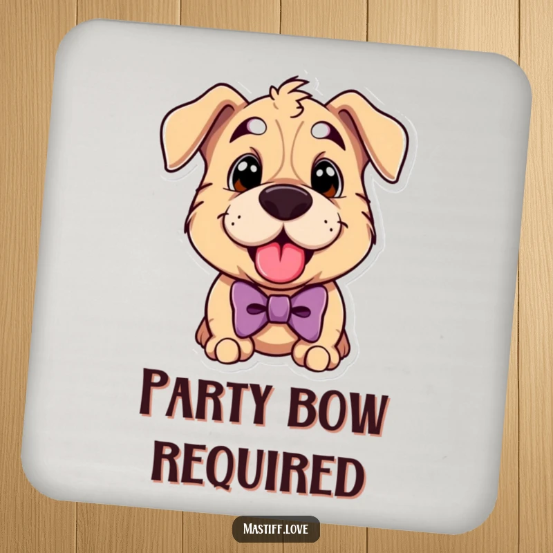 Funny mastiff coaster featuring a cute dog wearing a bowtie and panting happily, perfect for protecting surfaces.