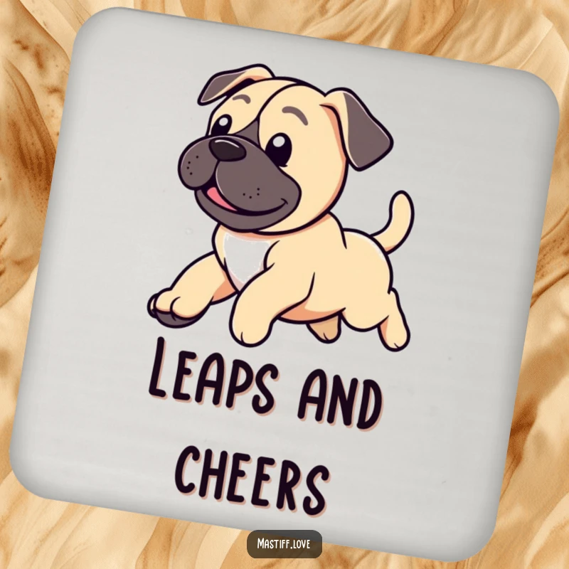 Funny coaster featuring a happy mastiff puppy leaping with its tail wagging, adding a touch of joy.