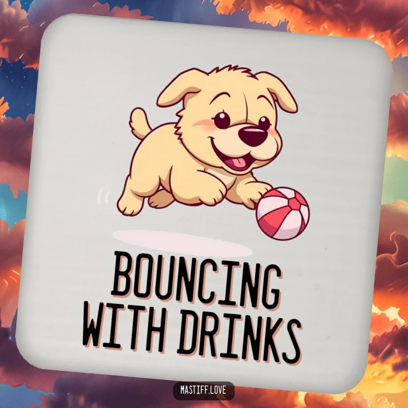 Funny mastiff coasters featuring a playful dog chasing a ridiculously small bouncy ball, protecting surfaces with humorous, energetic art.