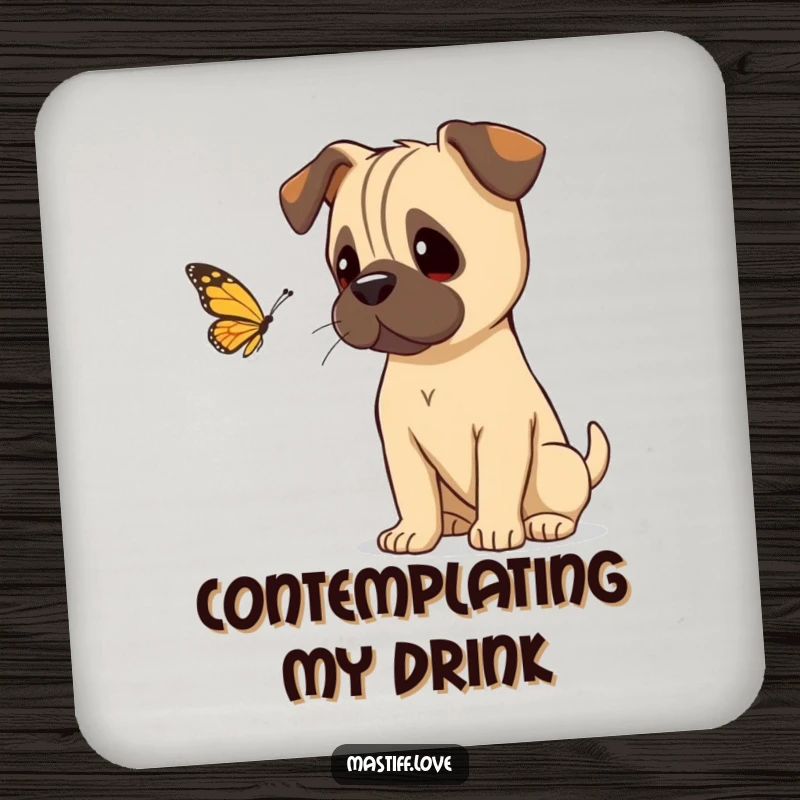 Funny mastiff tilting its head curiously, watching a butterfly, featured on drink coasters for gentle table protection.