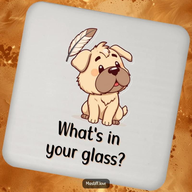 Funny Coasters: A curious mastiff tilts its head at a floating feather on these coasters. Humorous drink coasters for table protection.