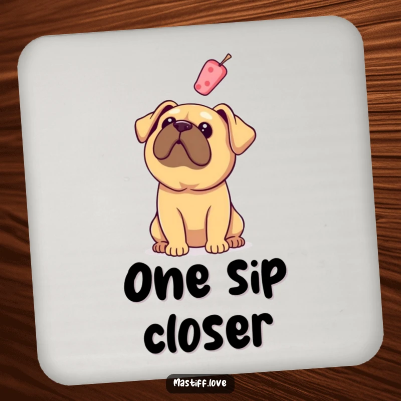 Funny Mastiff Coaster: A dog with floppy ears looks up at a floating treat, adding humorous charm to any coaster set.