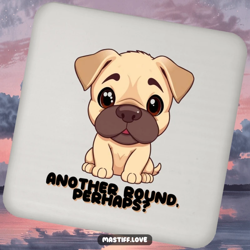 Funny Mastiff puppy coaster showing a cute dog tilting its head with curious, pleading eyes, perfect for home decor.