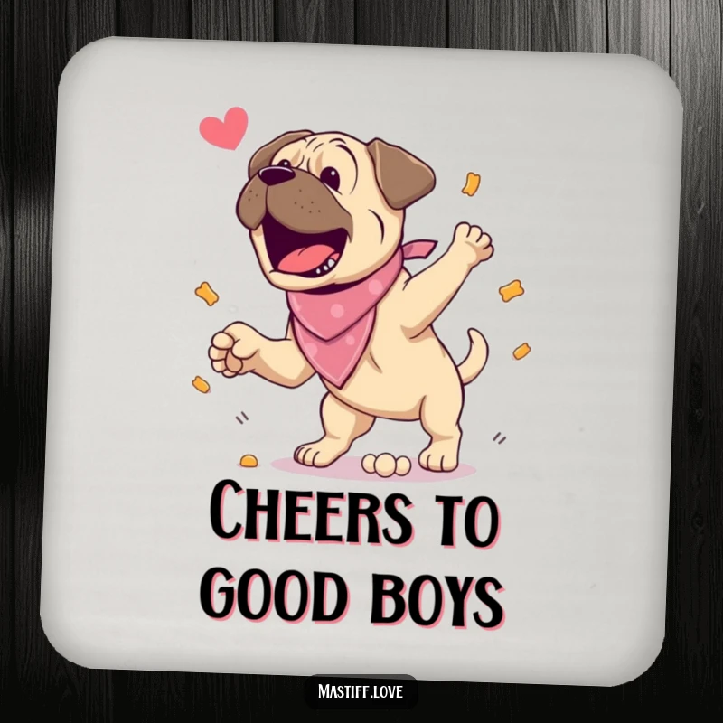Funny Coasters: An excited mastiff jumps for a treat on these coasters. Humorous drink coasters for table protection.