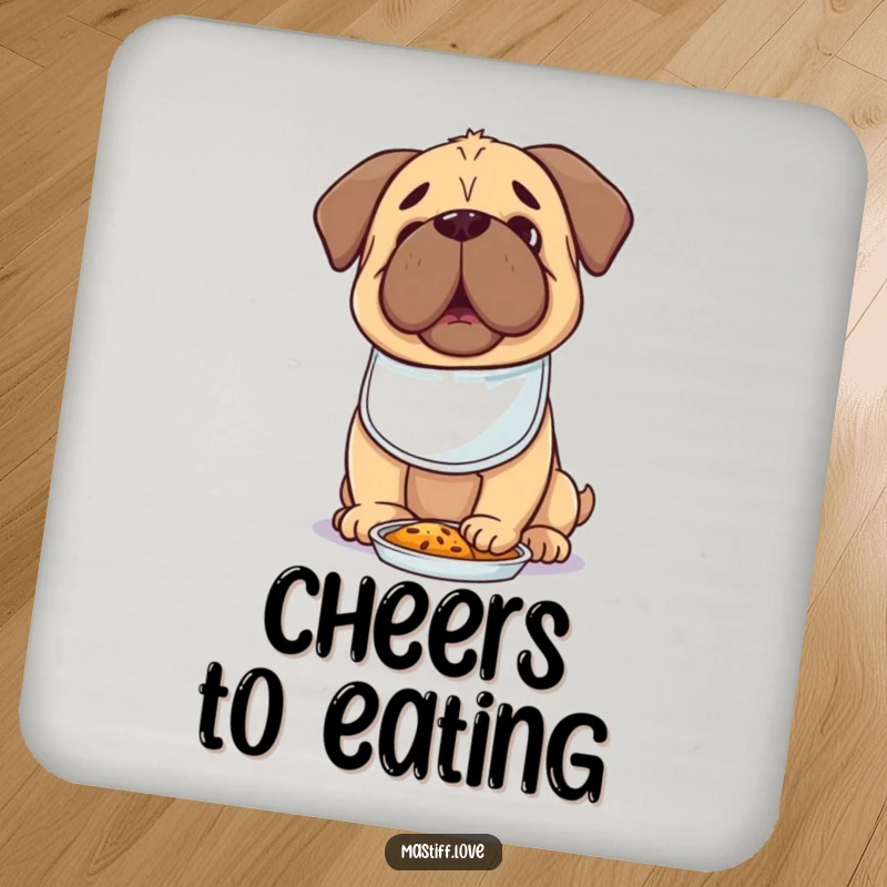 Set of Hungry Kawaii Mastiff Coasters featuring a cute dog in a tiny bib, looking excitedly at food, protecting surfaces.