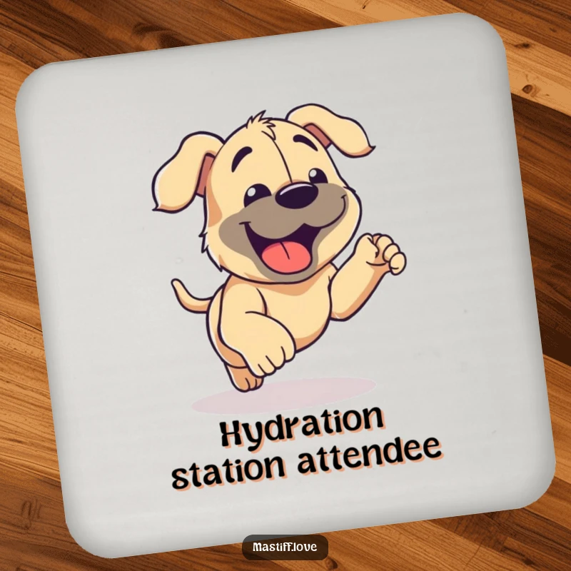 Funny Mastiff Drink Coaster depicting a happy mastiff panting contentedly after a playful run, adding humor to your drink.