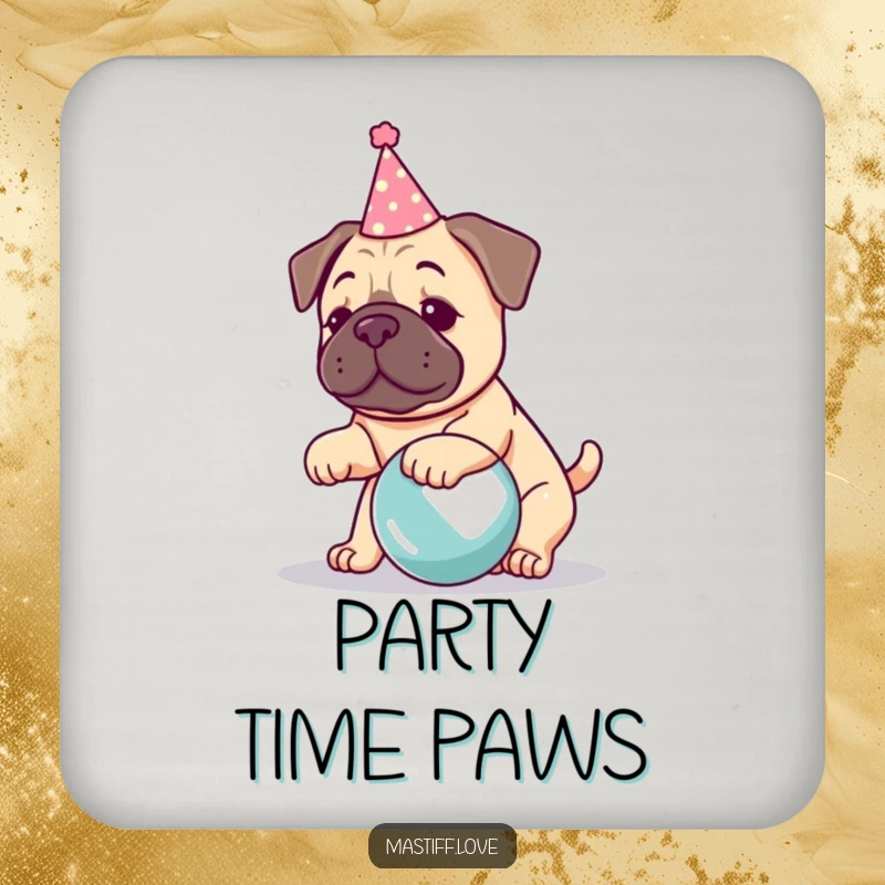 Funny kawaii mastiff coaster, a cute dog in a party hat playing with a large ball, protecting tables.