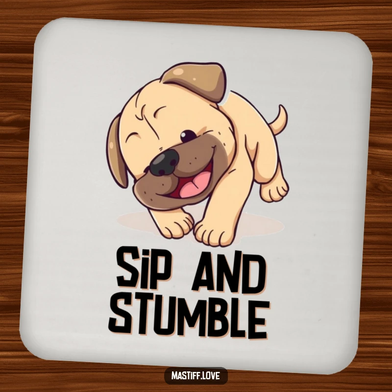 Funny Mastiff puppy coaster depicting a small dog hilariously tumbling head over paws with a smile, perfect for home decor.