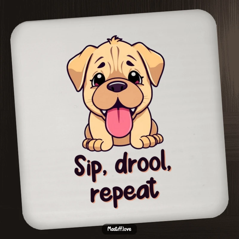 Funny kawaii mastiff coaster, featuring a cute panting puppy with its tongue out, protecting surfaces.