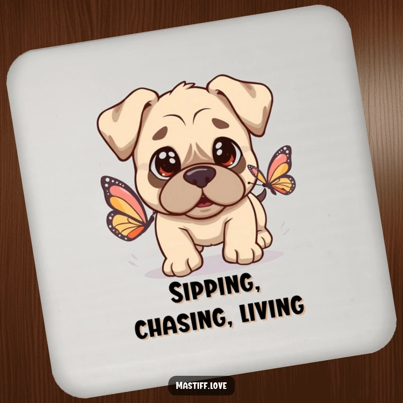 Set of Kawaii Mastiff Butterfly Coasters featuring a cute dog with innocent eyes chasing a butterfly, protecting surfaces charmingly.