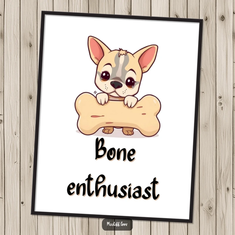 Funny poster print of a small mastiff peeking from behind a giant bone, bringing adorable and humorous vibes to any room.