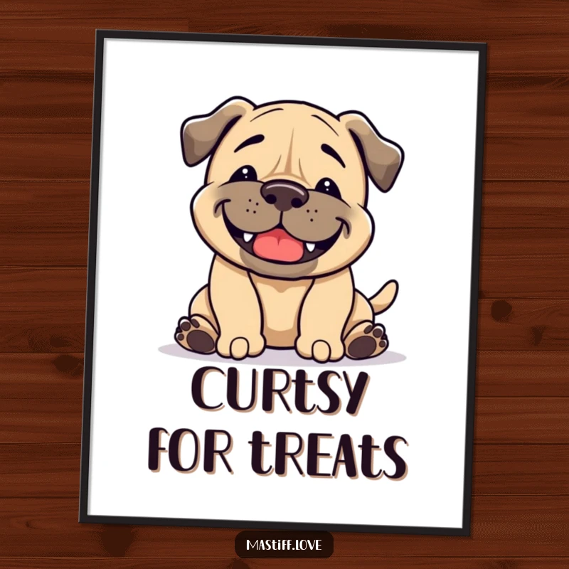 Funny Mastiff Poster: A dog with a broad grin performs a playful bow, showcasing pure joy and invitation.