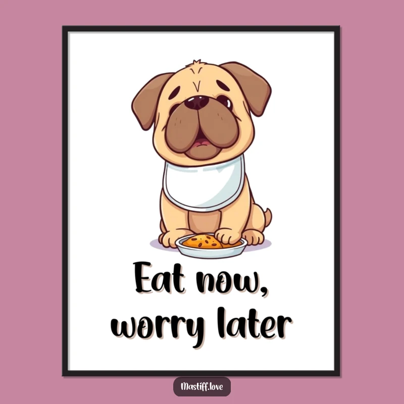Hungry Kawaii Mastiff Poster: Tiny Bib Dog Eager for Food, Funny Wall Art