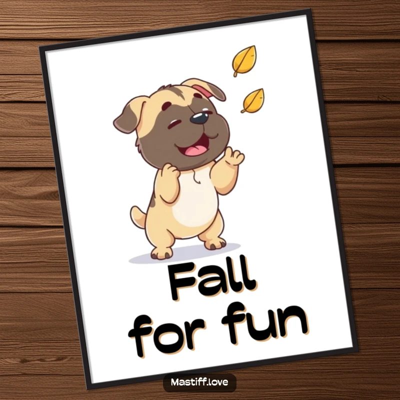 Funny playful mastiff, focused on catching a falling leaf, cartoon autumn art, perfect funny gift.