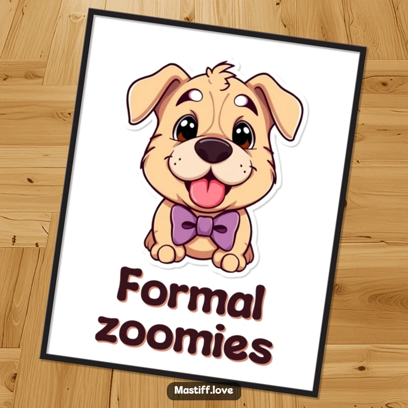 Funny mastiff poster featuring a cute dog wearing a bowtie and panting happily, perfect for stylish decor.