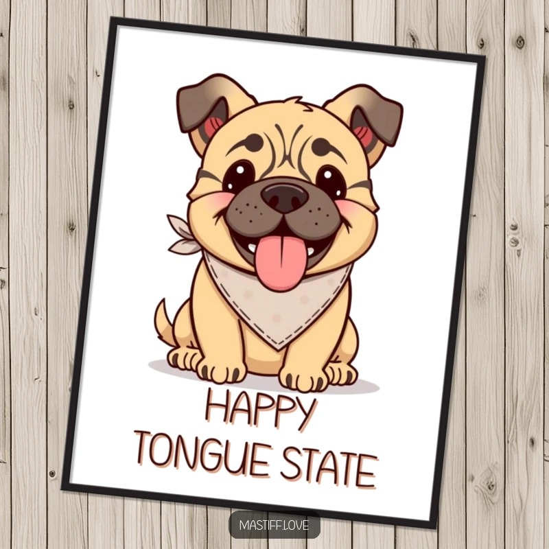 Funny Kawaii Mastiff Poster: Artwork of a happy mastiff in a bandana, tongue lolling out with infectious joy.