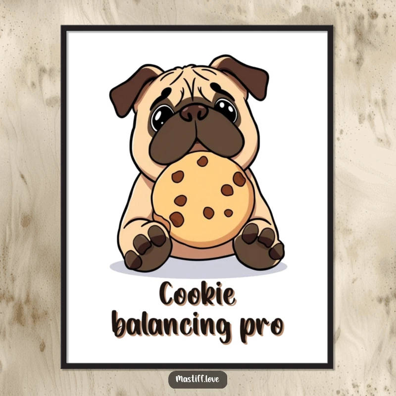 Funny kawaii mastiff poster, a cute dog attempting to balance a large cookie on its nose, charming wall art decor.