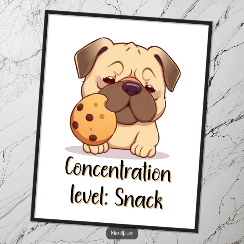Funny kawaii mastiff poster, a dog focused on balancing a huge cookie on its nose, artistic and humorous.