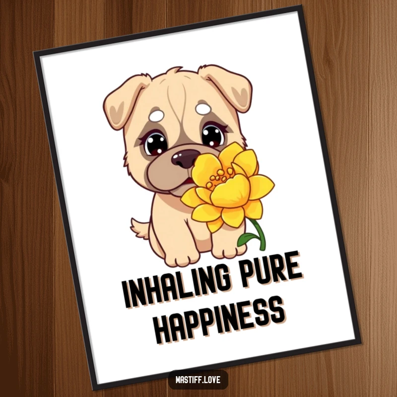 Funny Kawaii Mastiff Poster: Adorable mastiff with wide, curious eyes, captured mid-sniff of a dramatically large and colorful flower.