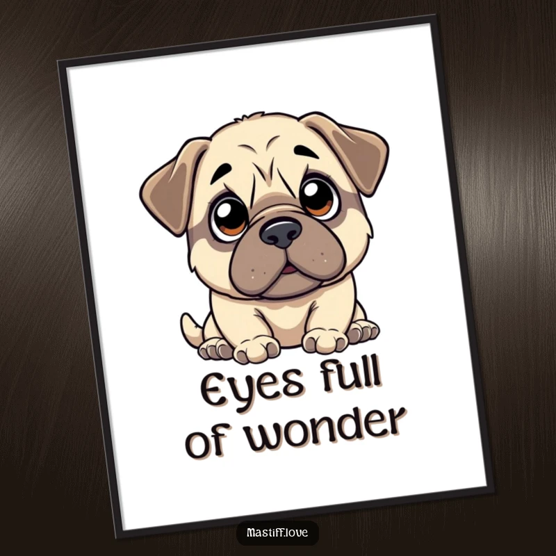 Funny kawaii mastiff poster featuring a cute mastiff with wide, innocent eyes gazing upwards with hopeful anticipation, ideal for wall decor.