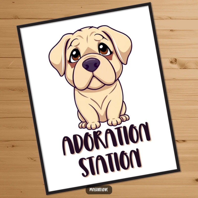 Funny mastiff poster showcasing a gentle dog with droopy eyes looking up with adoration, a touching piece of art celebrating canine love.