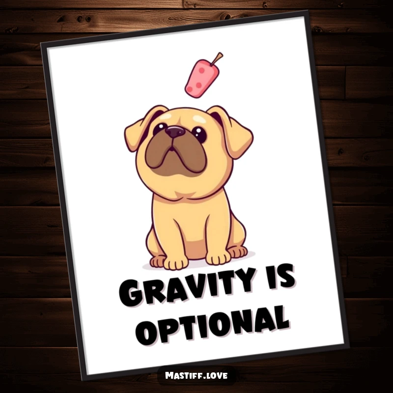 Funny Mastiff Poster: A dog with floppy ears gazes up at a floating treat, a humorous and heartwarming scene.