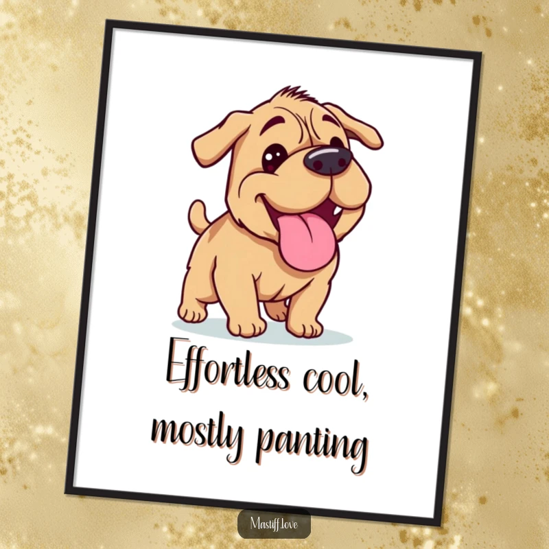 Funny Mastiff poster showing a happy dog panting with its tongue lolling out after a run, perfect for wall decor.