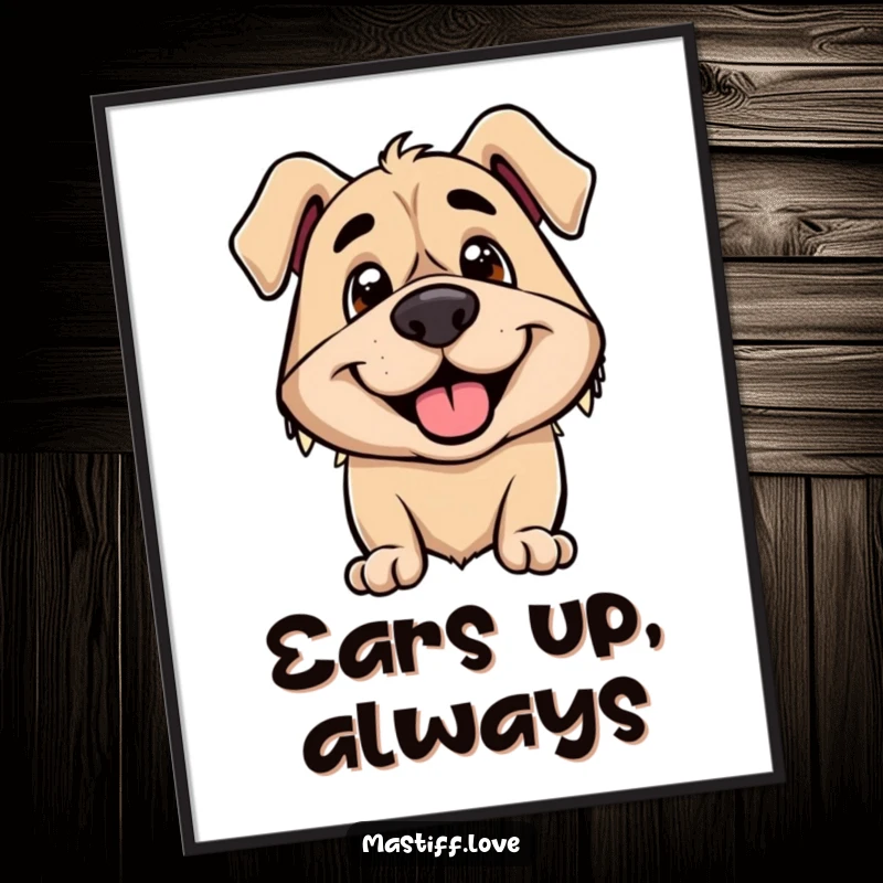 Funny poster art of a smiling mastiff dog with its droopy ears perked alertly upwards, showing great excitement.
