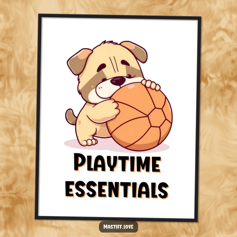 Funny mastiff poster featuring a cute dog playfully nudging a large ball, perfect for adding cheerful decor.