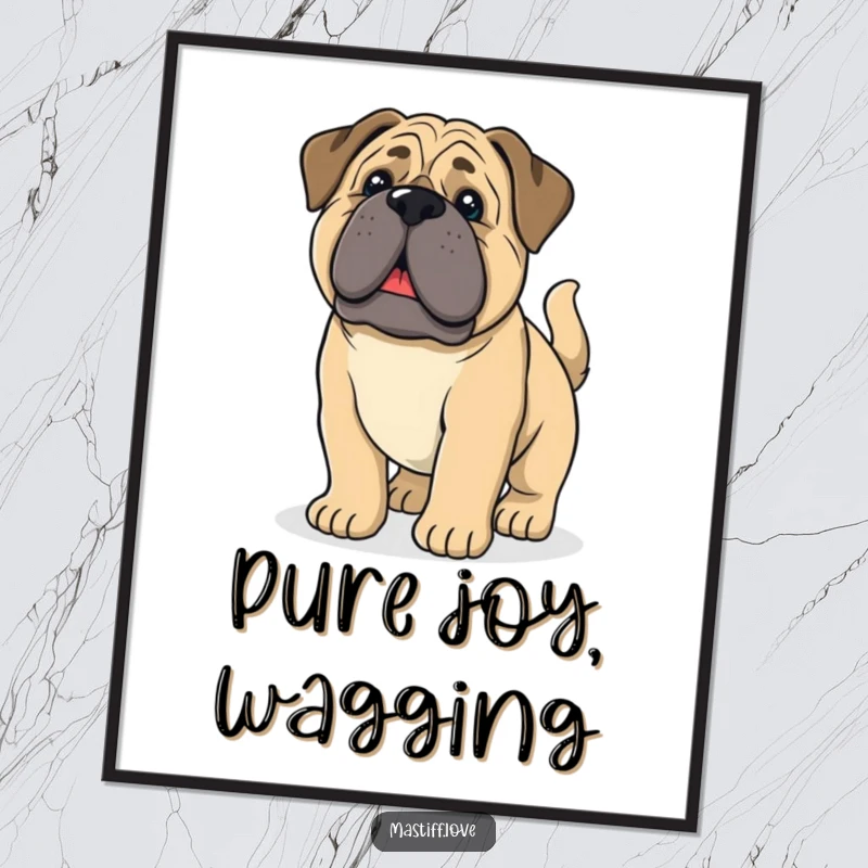 Funny giant mastiff puppy with droopy ears and a wagging tail, beautifully showcased on a poster for adorable wall art.