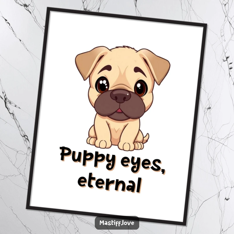 Funny Mastiff puppy poster showing a cute dog tilting its head with curious, pleading eyes, perfect wall art.