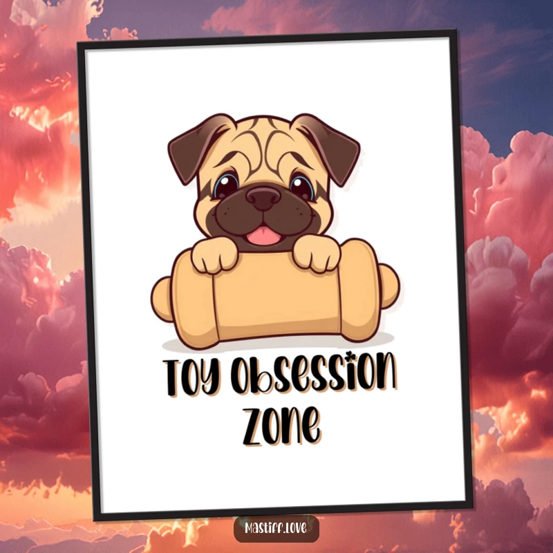 Funny mastiff puppy poster featuring a joyful puppy peeking from a large chew toy, perfect for cheerful decor.