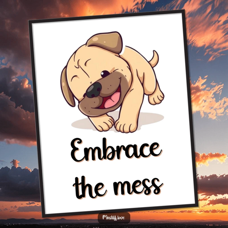 Funny Mastiff puppy poster showing a small dog comically tumbling head over paws with a happy smile, perfect wall art.