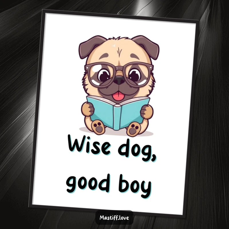 Funny Mastiff Poster: A delighted dog wearing spectacles, engrossed in reading, adds a humorous touch to wall art.