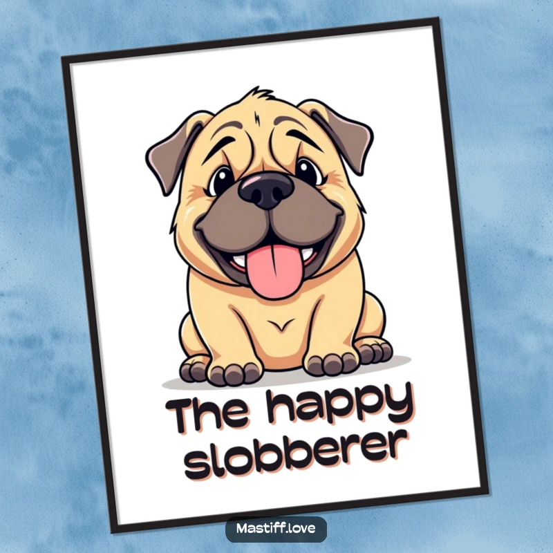 Funny mastiff poster showcasing a large, cuddly dog with a goofy smile, panting happily, a heartwarming and humorous piece of art.