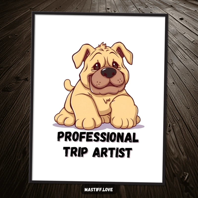 Funny Mastiff Poster showing a silly dog comically tripping over its enormous paws with a funny, bewildered expression.