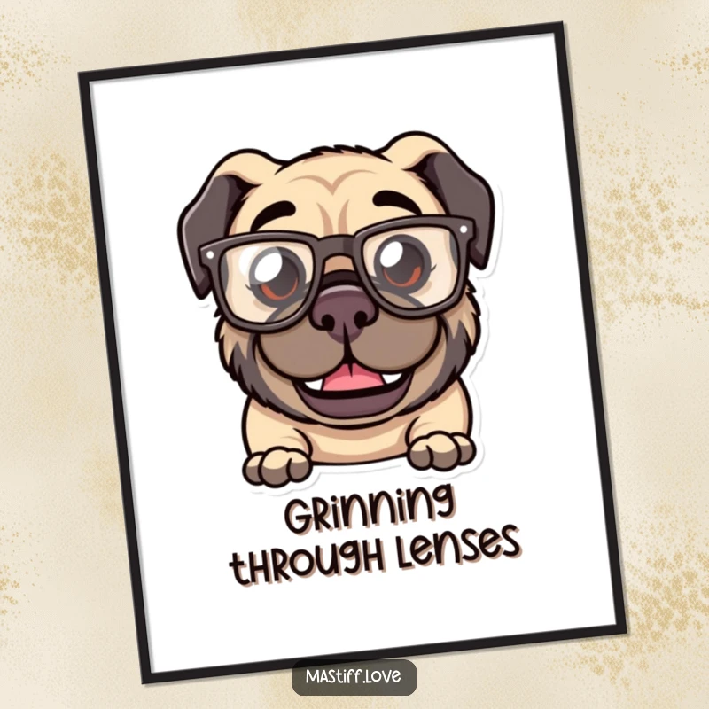 Funny Kawaii Mastiff Poster: Artwork of a mastiff with a goofy grin wearing oversized, comical glasses.