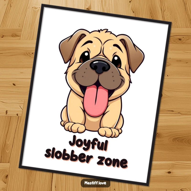 Funny poster print of a kawaii Mastiff puppy panting adorably, with a comically large, happy tongue.