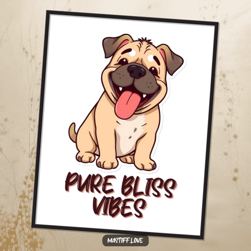 Funny happy mastiff, tongue lolling out, panting with cartoon joy, delightful wall art, perfect funny gift.