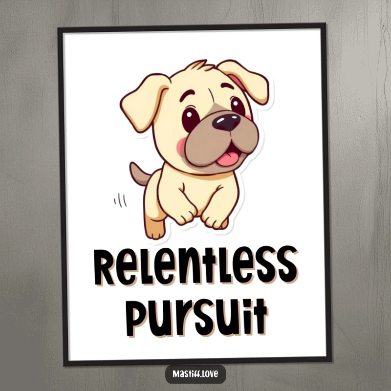 Funny poster print of a kawaii mastiff with prominent droopy ears, captured mid-action in a silly, energetic chase.