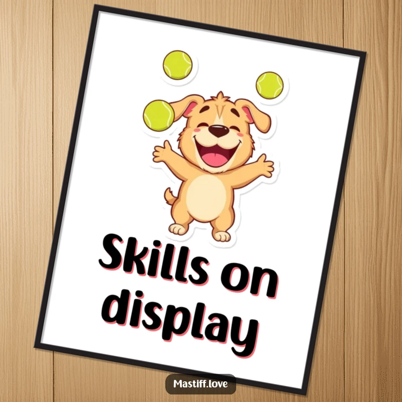 Funny poster print of a happy mastiff character skillfully juggling three tennis balls with a gleeful expression.