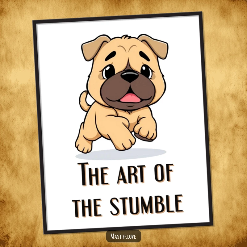 Funny Mastiff Tripping Poster: A large mastiff with enormous paws is caught mid-trip while running, evoking a comical and endearing scene.