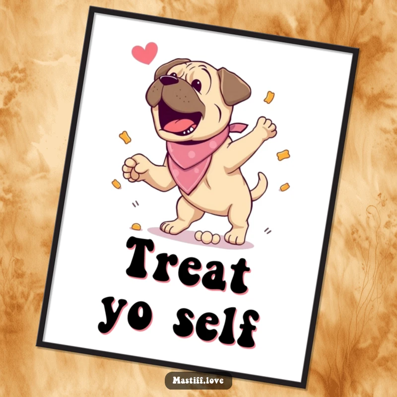 Funny Poster: An excited mastiff in a bandana jumps high for a treat, full of anticipation. Humorous wall art for dog lovers.