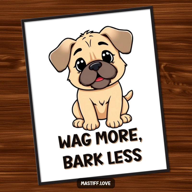 Funny kawaii mastiff poster, a cute dog with floppy ears wagging its tail with immense happiness, cheerful wall art.